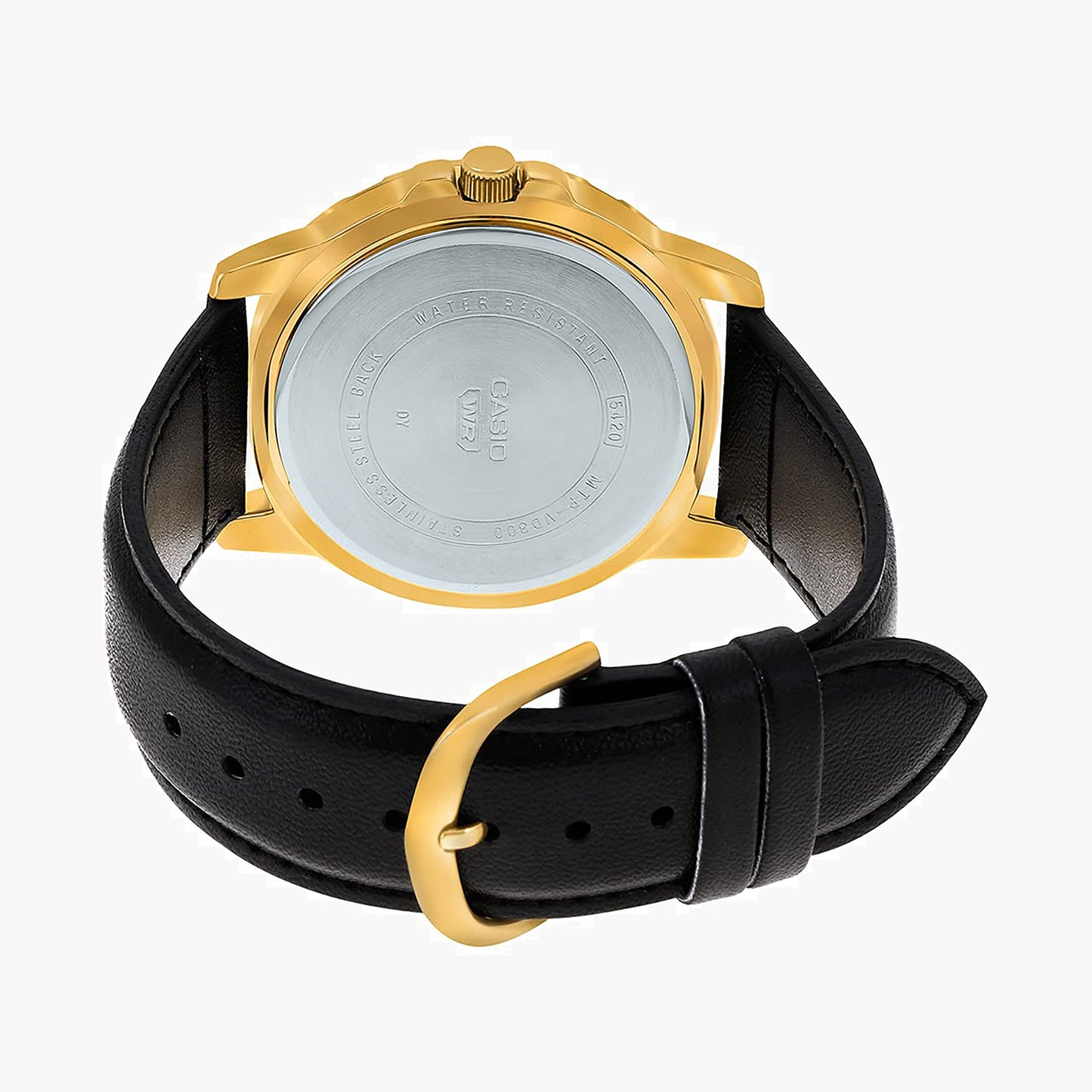 Gold-Tone Stainless Steel Watch with Black Leather Strap