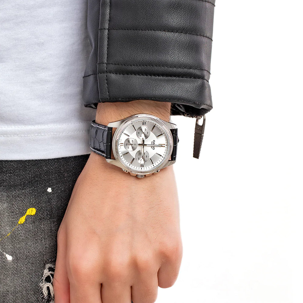 Classic Silver Quartz Watch with Black Leather Strap – Multifunction Design