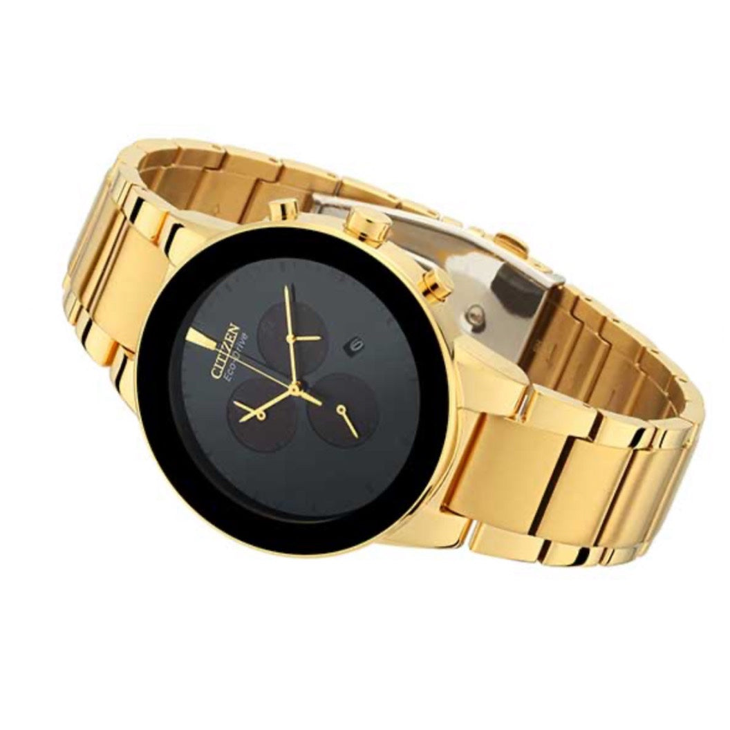 Gold Stainless Steel Chronograph Watch – Eco Quartz with Date Display