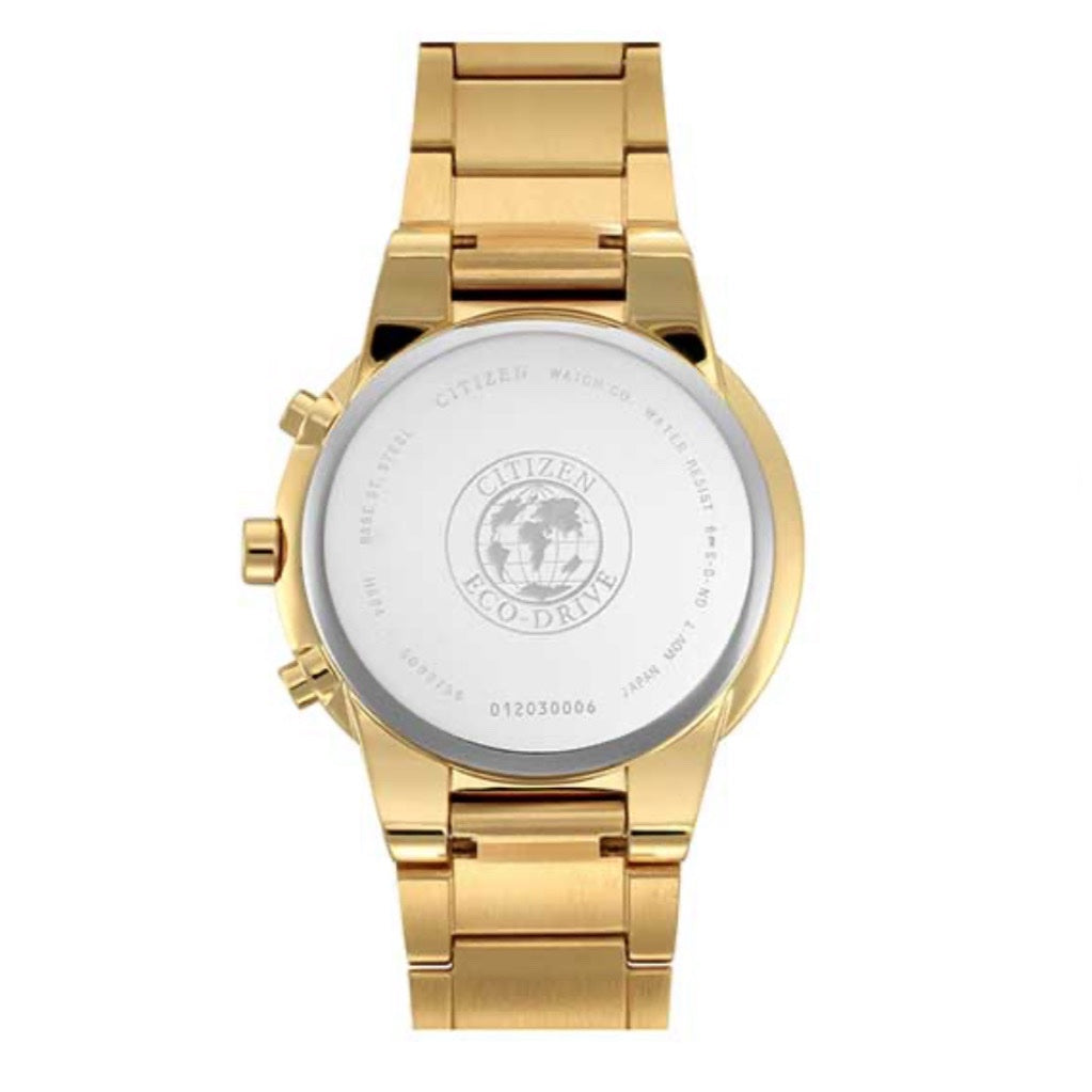 Gold Stainless Steel Chronograph Watch – Eco Quartz with Date Display