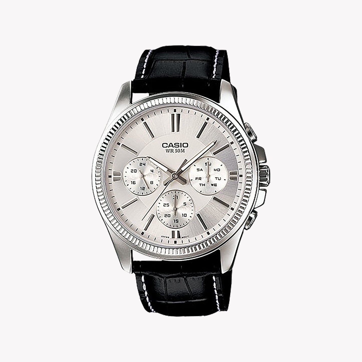 Classic Silver Quartz Watch with Black Leather Strap – Multifunction Design