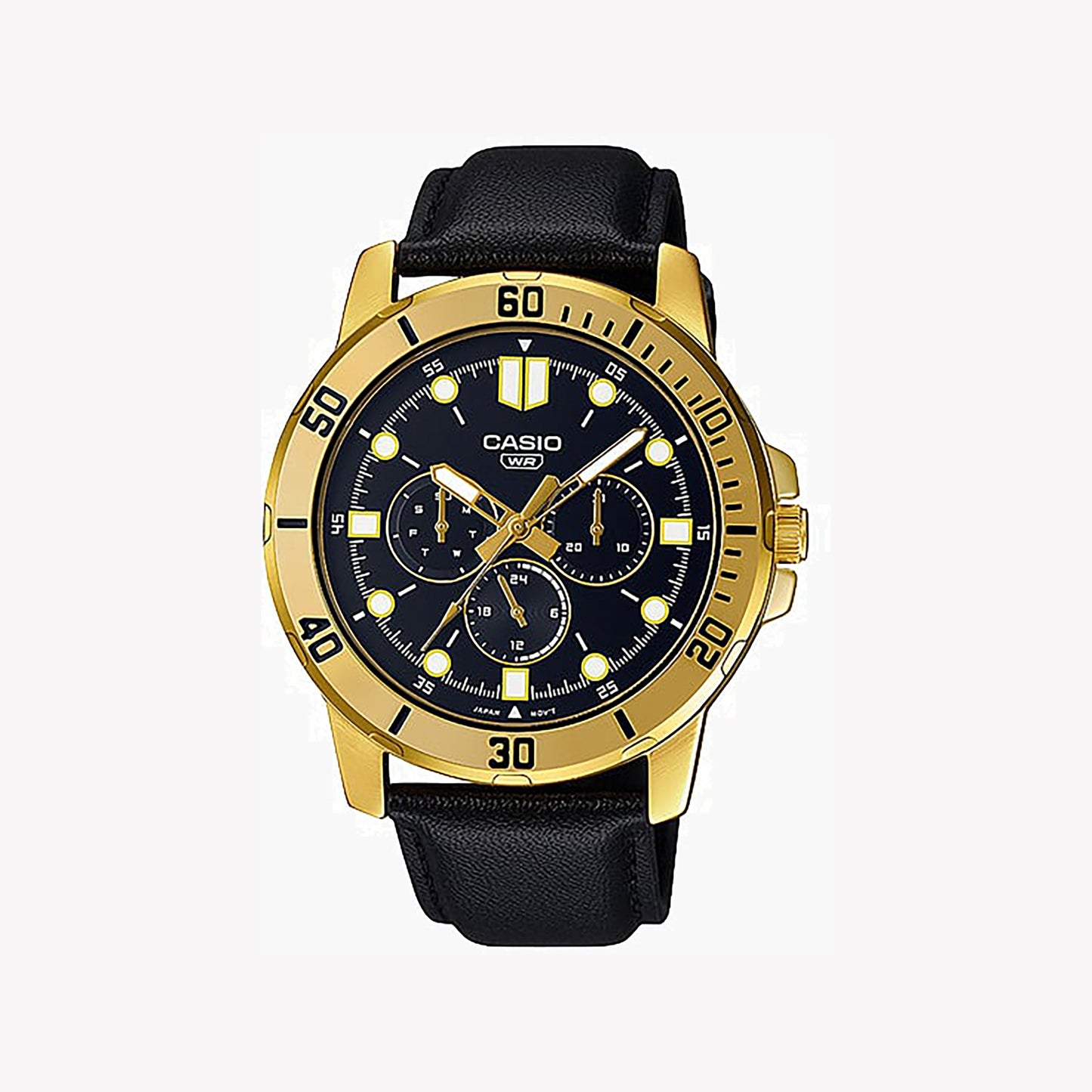Gold-Tone Stainless Steel Watch with Black Leather Strap