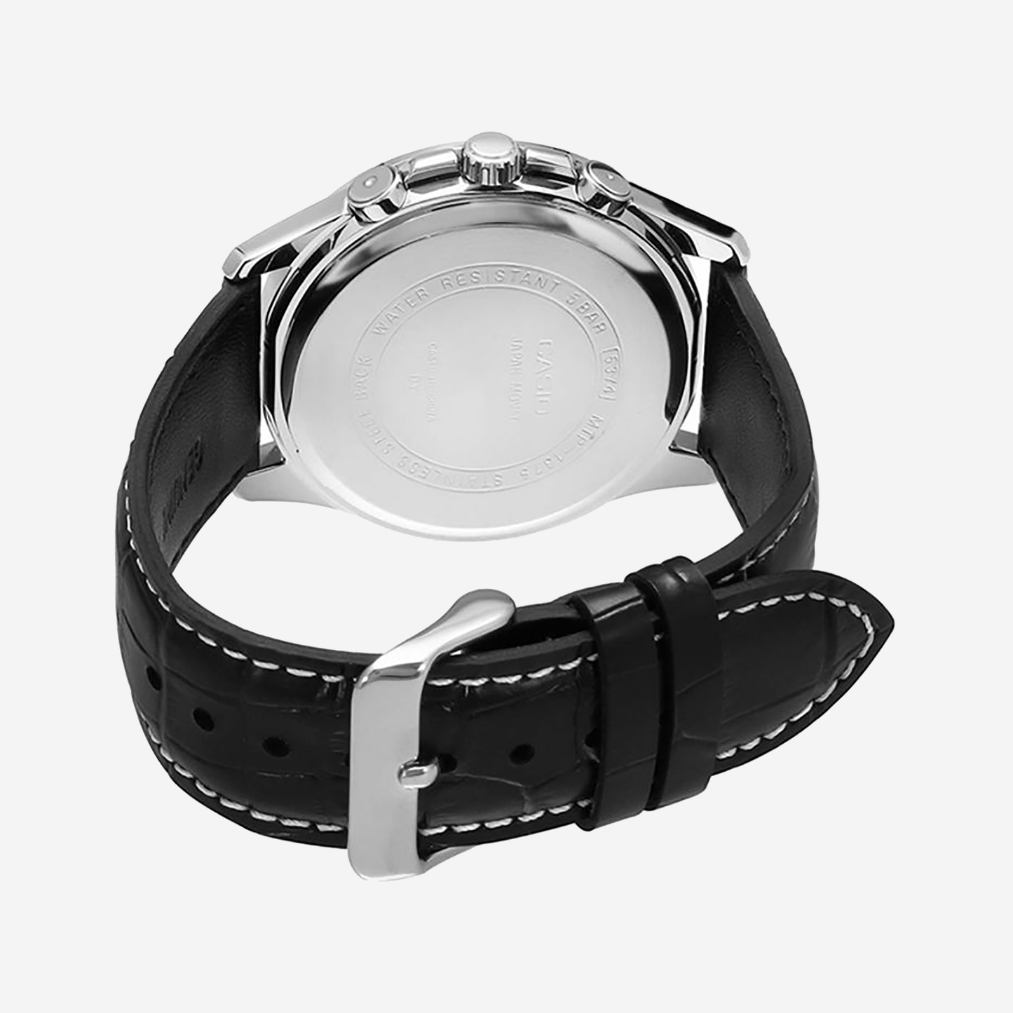 Classic Silver Quartz Watch with Black Leather Strap – Multifunction Design