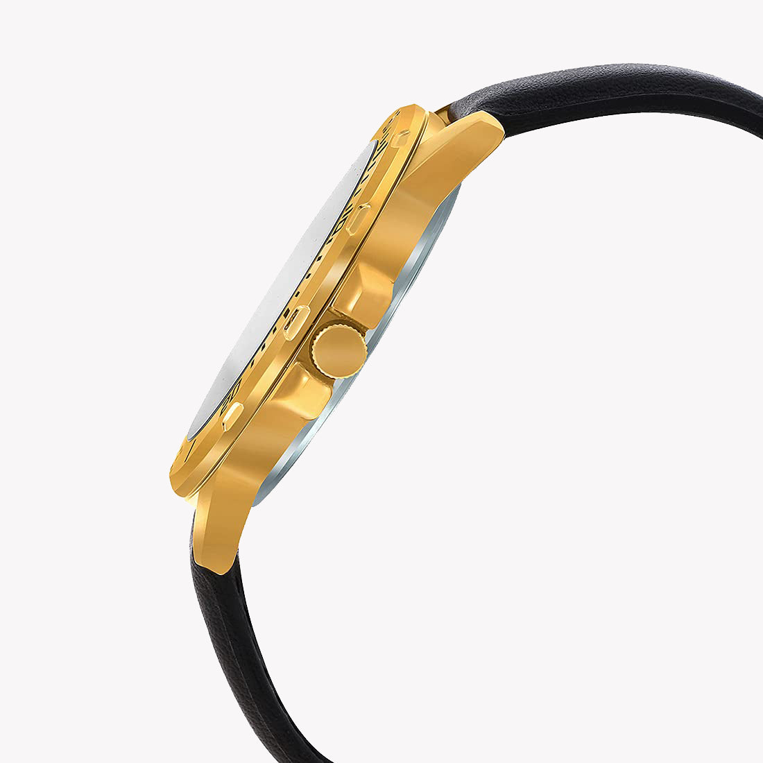 Gold-Tone Stainless Steel Watch with Black Leather Strap