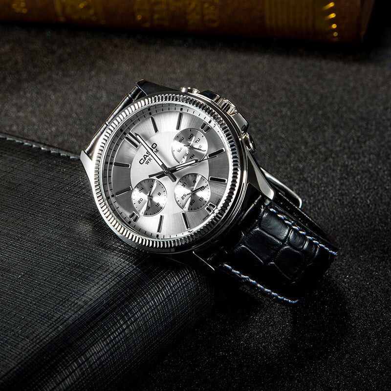 Classic Silver Quartz Watch with Black Leather Strap – Multifunction Design
