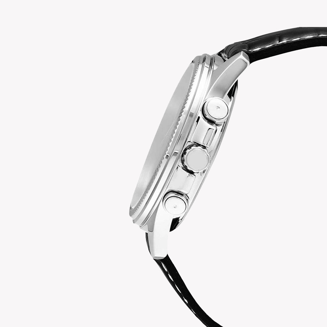 Classic Silver Quartz Watch with Black Leather Strap – Multifunction Design