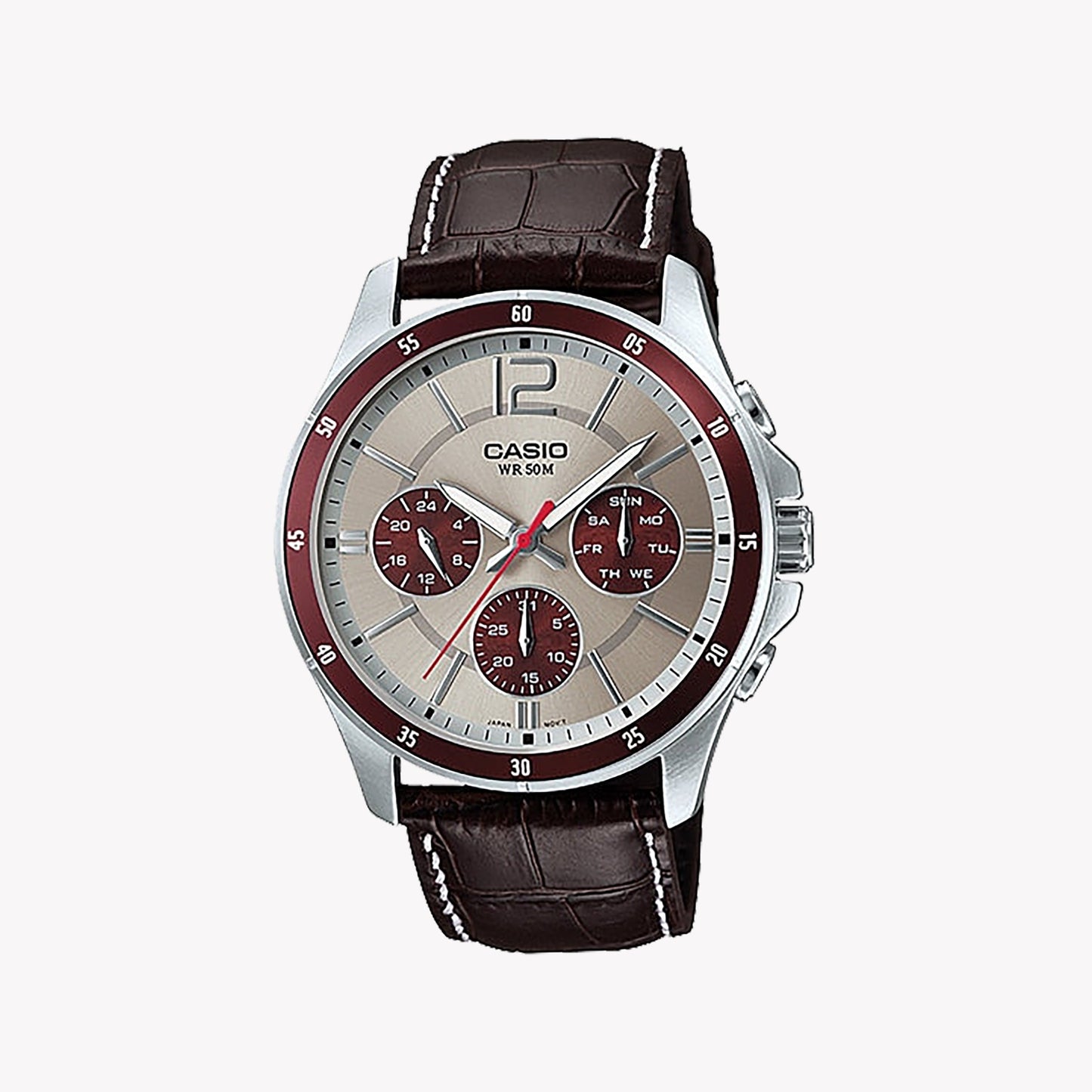 Elegant Silver Quartz Watch with Brown Leather Strap – Multifunction Display