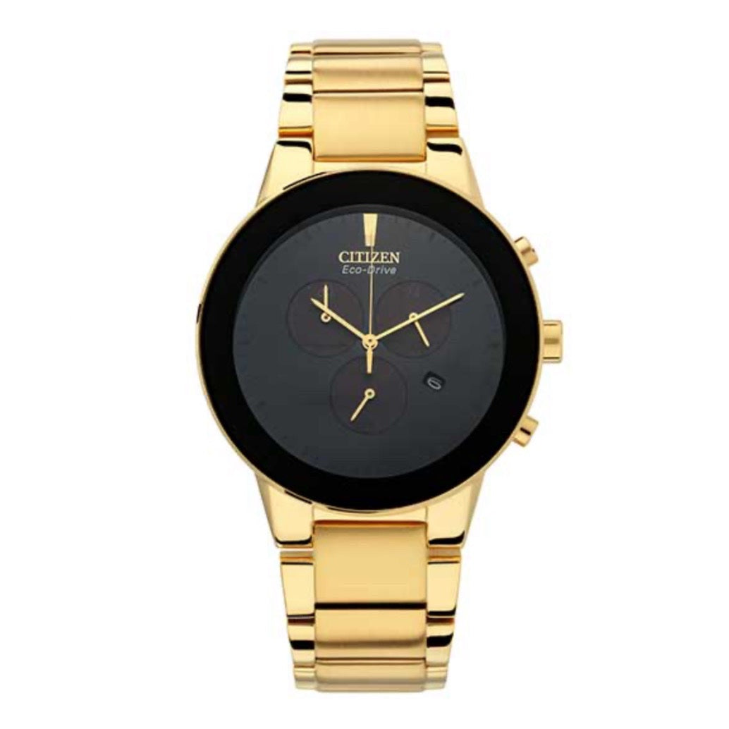 Gold Stainless Steel Chronograph Watch – Eco Quartz with Date Display