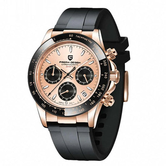 Rose Gold Dial Quartz Watch with Black Silicone Strap
